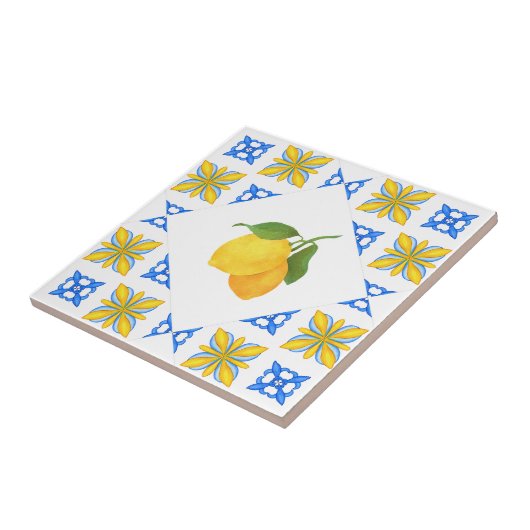 French Country Lemon Blue Tile Pattern Tegeltje (Zijkant)
