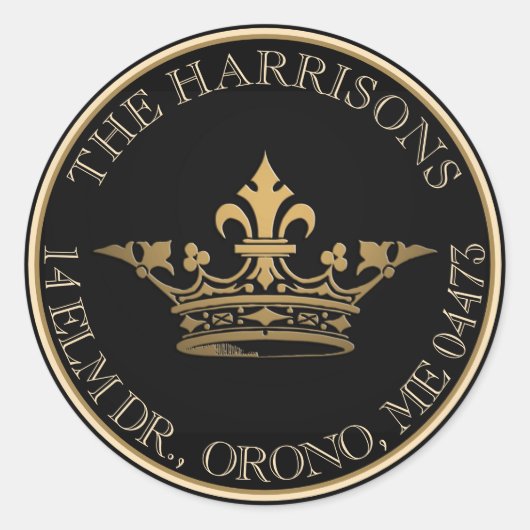 French Crown Metallic Goud Zwart Retouradres Ronde Sticker (Voorkant)