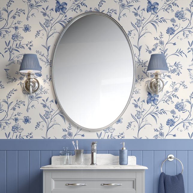 French Floral Charm - Blauw en Gebroken Wit - Fran Behang (French Floral Charm - Blue and Off-White - French Country Peel and Stick Wallpaper)