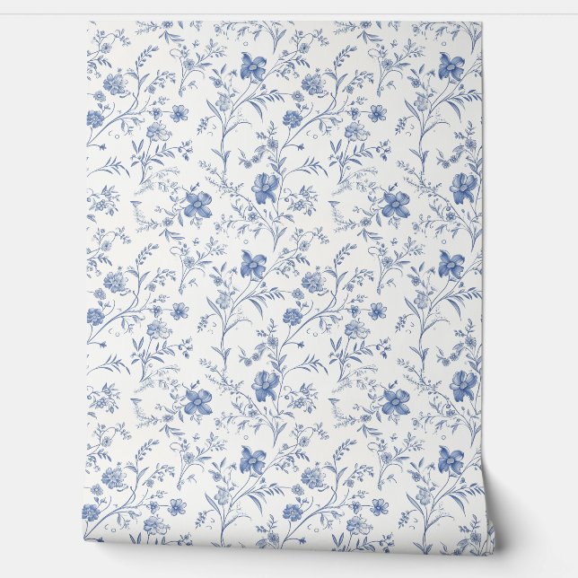 French Floral Charm Petite - Blauw en Gebroken Wit Behang (Afrollen)