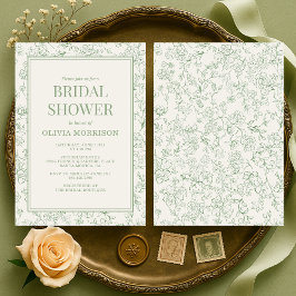French Floral Sage Green Ivory Bridal Shower Kaart
