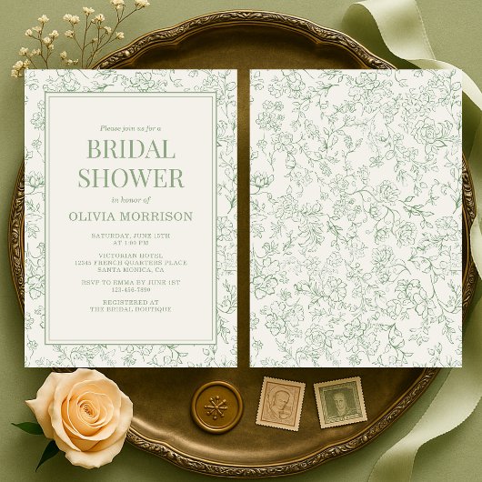 French Floral Sage Green Ivory Bridal Shower Kaart
