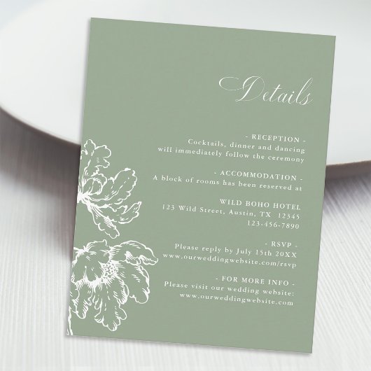 French Floral Sage Green Wedding Details  Informatiekaartje
