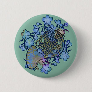 French Hoorn Blauwe Bloemen Band Klas              Ronde Button 5,7 Cm