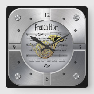 French Horn ~Sheet Music ~ Brushed Silver Color ~ Vierkante Klok