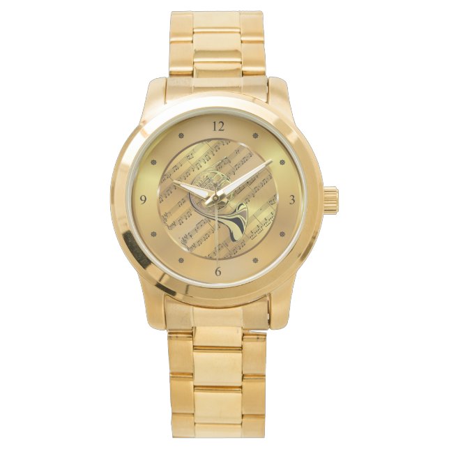 French Horn ~ Sheet Music ~ Gold Background ~ Horloge (Voorkant)