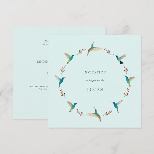 French Hummingbird Baptism Invitation Kaart (Voorkant / Achterkant)