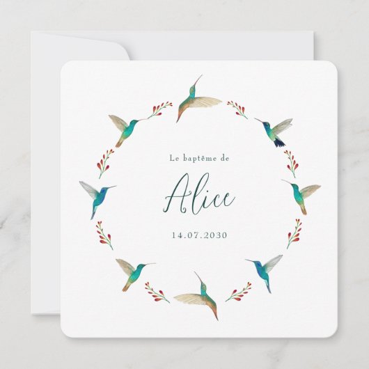 French Hummingbird Baptism Invitation Kaart (Voorkant)