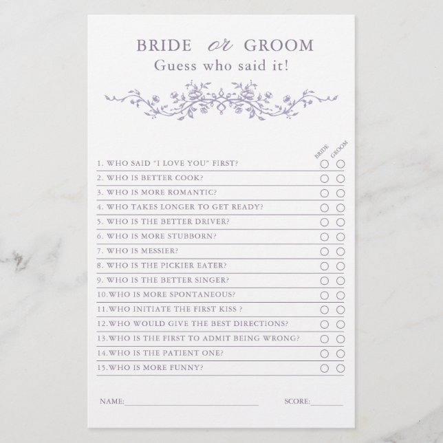 French Lavender 'Bride or Groom' Bridal Game  (Voorkant)
