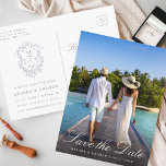 French Lavender Floral Crest Photo Save the Date Briefkaart<br><div class="desc">This wedding photo save the date postcard features a classic French Victorian lavender floral crest,  with custom text on the back. For more advanced customization of this design,  please click the BLUE DESIGN TOOL BUTTON above!</div>