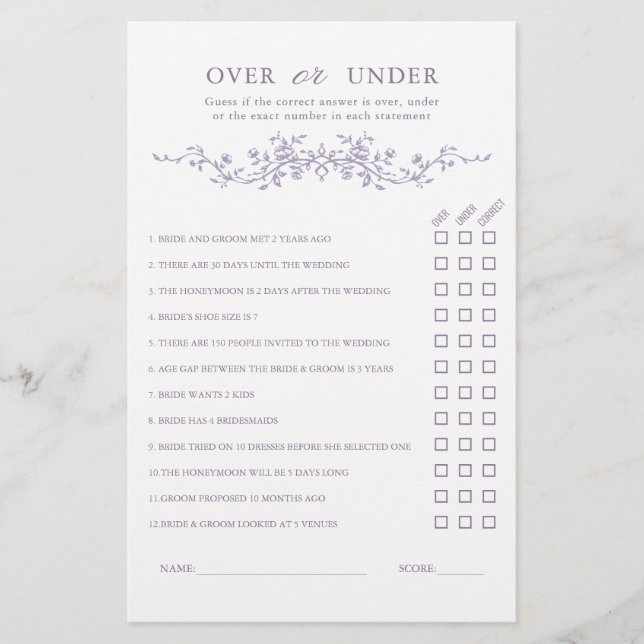 French Lavender 'Over or Under' Bridal Shower Game (Voorkant)
