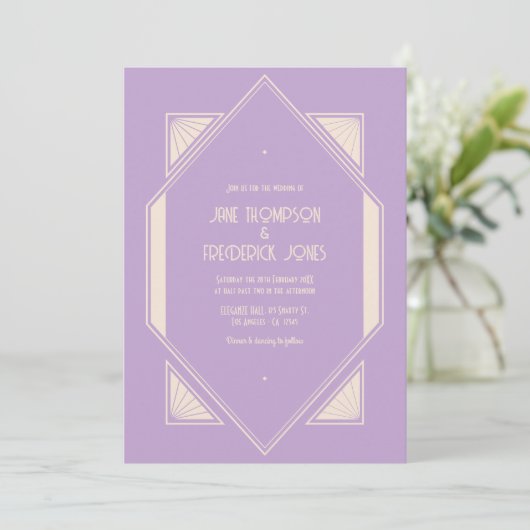 French Lilac & Champagne Art Deco Wedding Photo Kaart (Staand voorkant)