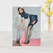 French Maid Sweeping Pin Up Kaart (Gele Bloem)