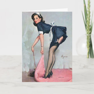 French Maid Sweeping Pin Up Kaart