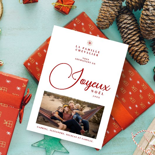 French Modern Joyeux Noël Snowflake Photo Holiday  Feestdagenkaart