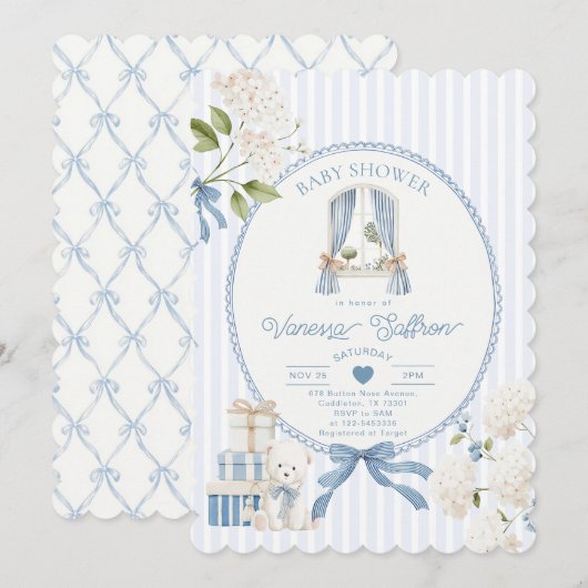 French Nursery Baby Boy Shower Coquette Stripe Bow Kaart (Voorkant / Achterkant)