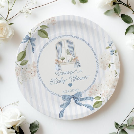 French Nursery Baby Shower Blue Stripes Bow Papieren Bordje
