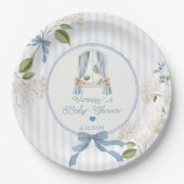 French Nursery Baby Shower Blue Stripes Bow Papieren Bordje (Voorkant)