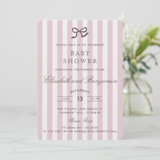 French Pink Bow & Stripes Baby shower Invitation Kaart (Staand voorkant)
