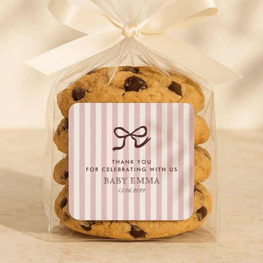 French Pink Bow & Stripes Baby shower Vierkante Sticker