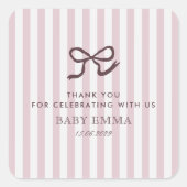 French Pink Bow & Stripes Baby shower Vierkante Sticker (Voorkant)