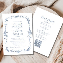 French QR Code All in One Dusty Blue Wedding  Kaart
