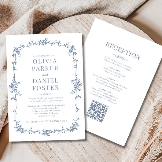 French QR Code All in One Dusty Blue Wedding  Kaart
