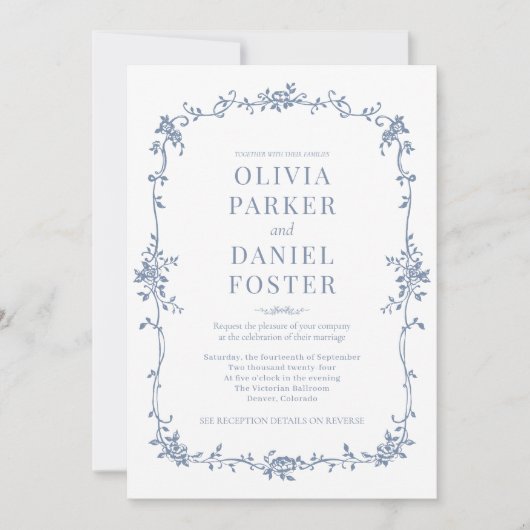 French QR Code All in One Dusty Blue Wedding Kaart (Voorkant)