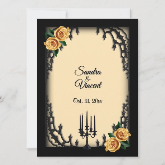 French Quarter Gothic 4 Corner Yellow Rose Wedding Kaart (Achterkant)