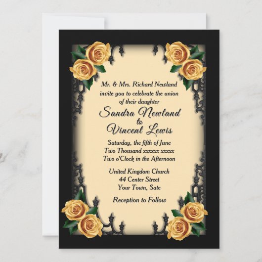 French Quarter Gothic 4 Corner Yellow Rose Wedding Kaart (Voorkant)