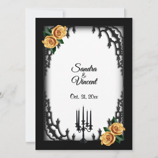 French Quarter Gothic 4 Corner Yellow Rose Wedding Kaart (Achterkant)