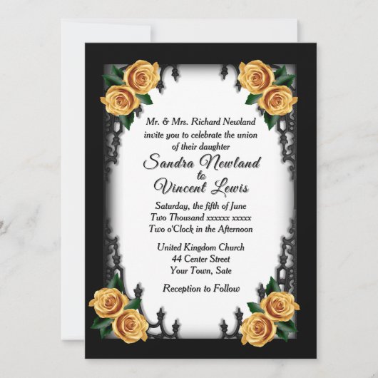 French Quarter Gothic 4 Corner Yellow Rose Wedding Kaart (Voorkant)