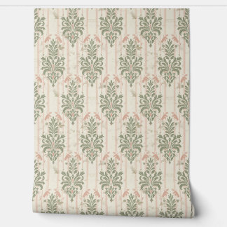 French Retro Damask Stripe Pattern – Vintage Sage  Behang