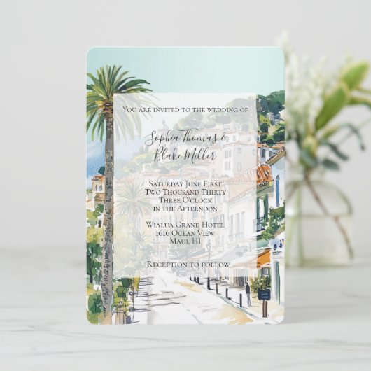 French Riviera Beach Coastal Town Wedding Kaart (Staand voorkant)