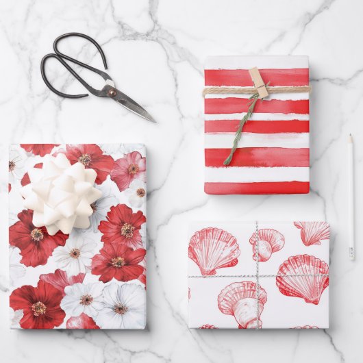 French Riviera Red Flowers Stripes Shells Inpakpapier Vel (Voorkant)