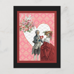 French Rococo Couple and Pink Damask Valentine Feestdagenkaart