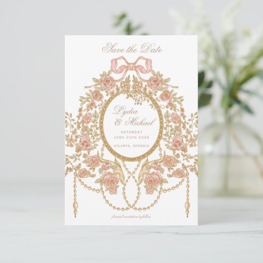 French Rococo Rose Monogram Wedding Save The Date (Staand voorkant)