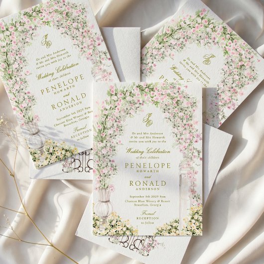 french romantic garden arch monogram royal wedding kaart