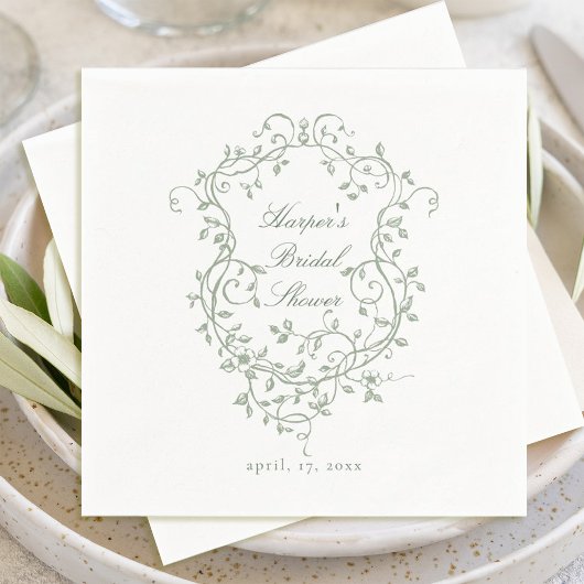 French Sage Green Floral Crest Vrijgezellenfeest Servet