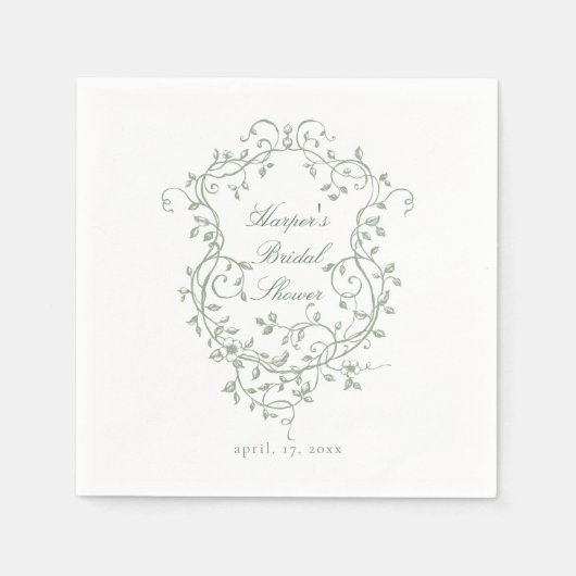 French Sage Green Floral Crest Vrijgezellenfeest Servet (Voorkant)