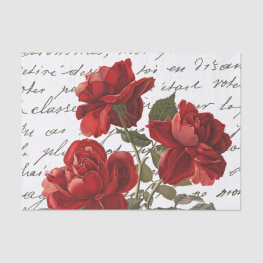 French Script Red Rose Floral Vintage Tissuepapier (Voorkant)