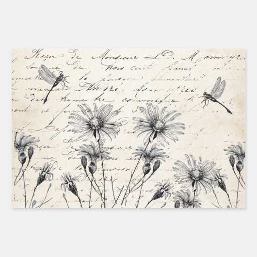 French Script Wildflower Dragonfly Decoupage Craft Inpakpapier Vel (Voorkant 2)