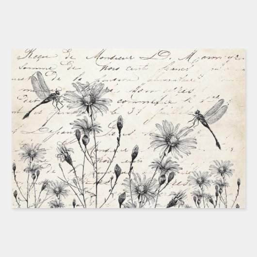 French Script Wildflower Dragonfly Decoupage Craft Inpakpapier Vel (Voorkant)