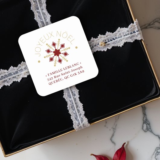 French Sophisticated Gold & Dark Red Snowflake Vierkante Sticker