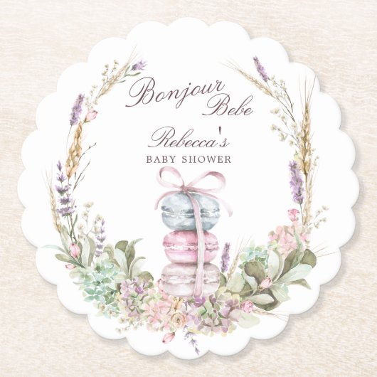 French Stack of Macarons in wreath bonjour bebe Kartonnen Onderzetters (Voorkant)