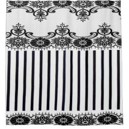 ' French Store Front' White_Black Stripes & Lace Douchegordijn