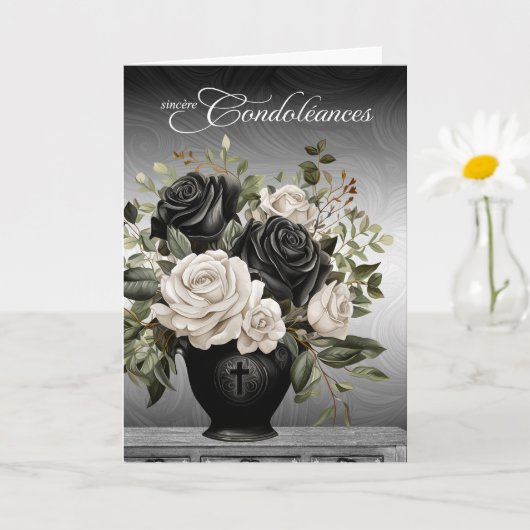 French Sympathy Vase of Black and White Roses Kaart (Kleine Plant)