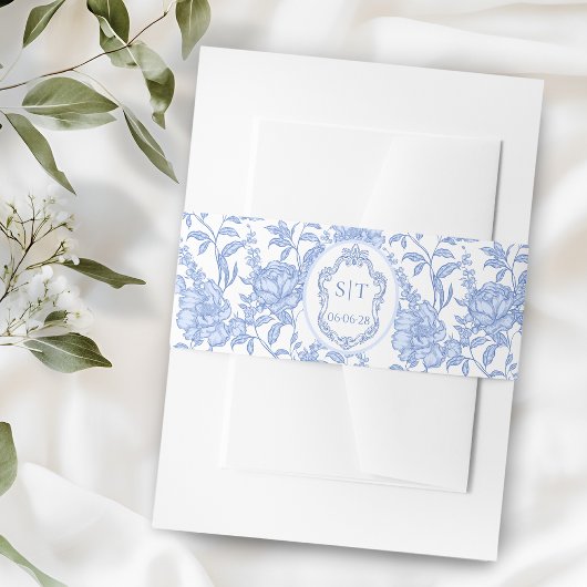 French Toile Blue Floral Chinoiserie Monogram Uitnodigingen Wikkel