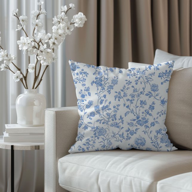 French Toile Blue Floral Kussen (Creator heeft geüpload)