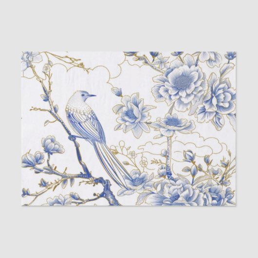 French-Toile Chinoiserie Bird in Blue and Gold Tissuepapier (Voorkant)